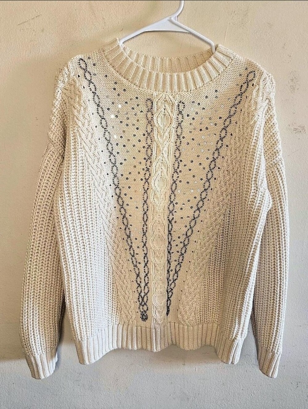 Francesca's Sally Embellished Cable Knit Sweater Ivory Women's Medium Fall Style